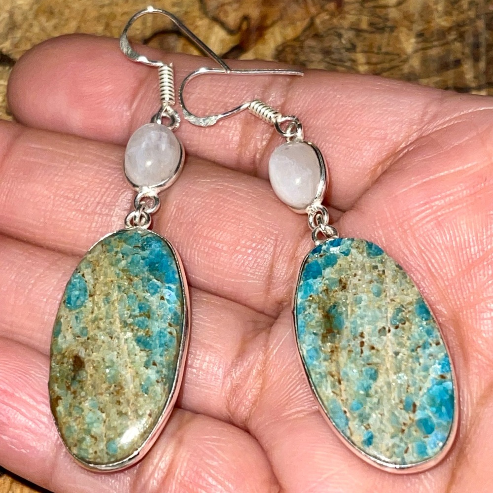 Crystal Pairing of Blue Apatite & Moonstone Earrings 2 1/2”